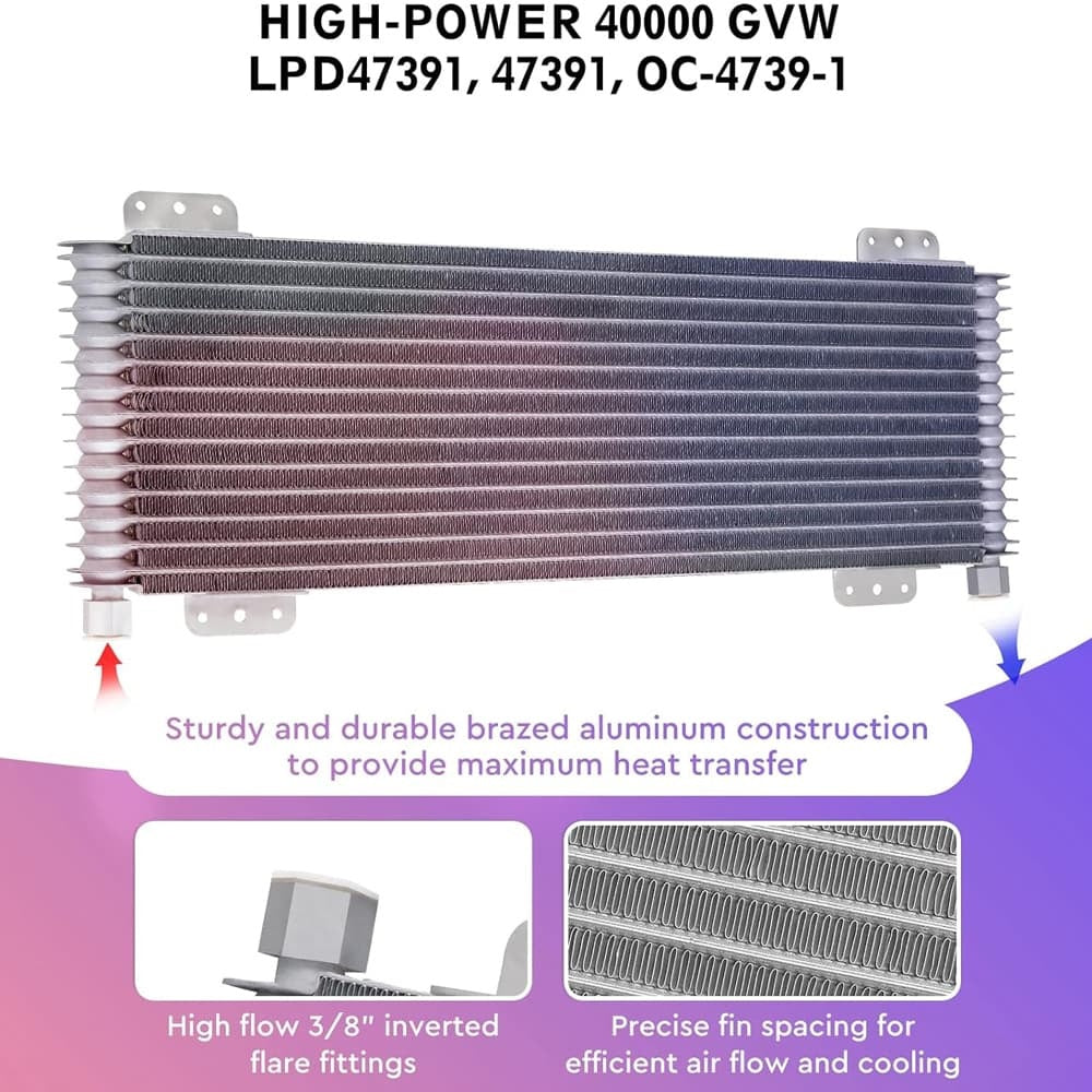 Low Pressure Drop Transmission Oil Cooler LPD47391 47391 40,000 GVW With Mounting Hardware