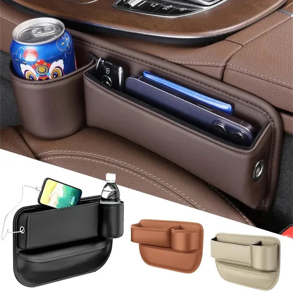 Leather Car Seat Gap Organizer Multifunction Console Crevice Filler Side Storage Box With Cup Holder