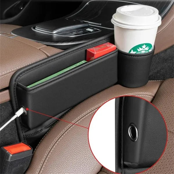 Leather Car Seat Gap Organizer Multifunction Console Crevice Filler Side Storage Box With Cup Holder