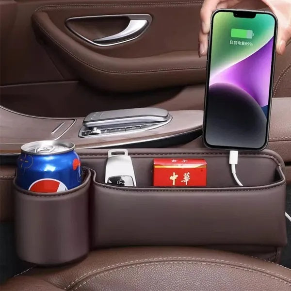 Leather Car Seat Gap Organizer Multifunction Console Crevice Filler Side Storage Box With Cup Holder